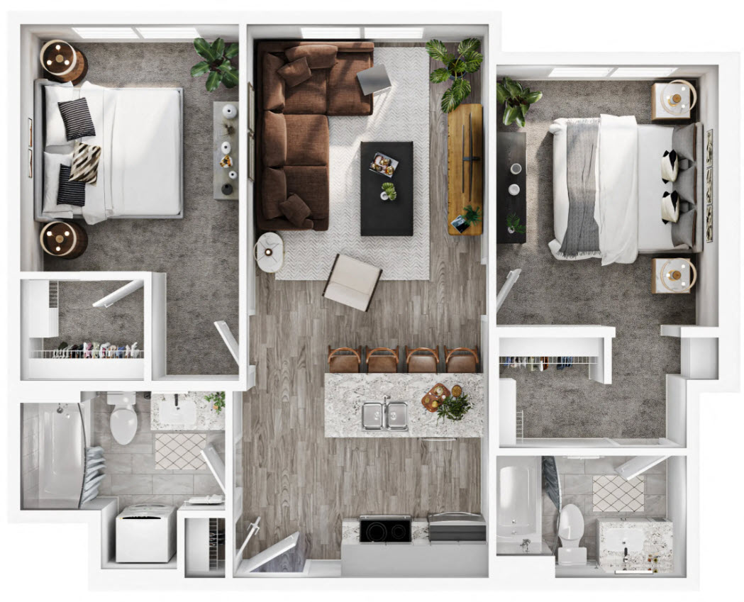 Floor plan for 2 beds, 2 baths, 890 sqft